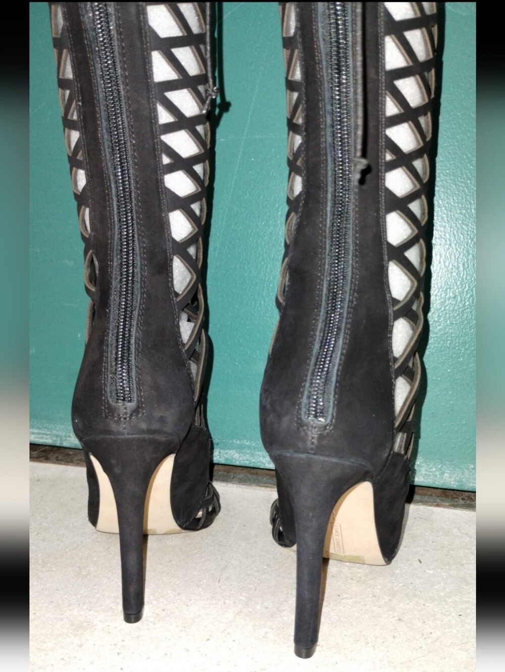 Vince Camuto Black Lattice Over-the-Knee Lace-Up Stiletto Boots - Picture 5 of 6